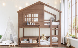 English Elm Full Bunk Bed with Trundle Bookshelf Storage Pine Frame Car Design for Kids Natural W1580S00522
