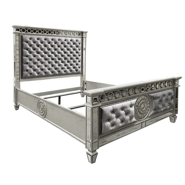 English Elm Varian Gray Velvet Mirrored Queen Bed with Crystal Button Tufting, Geometric Trim & Sunburst Accents B2726S00498