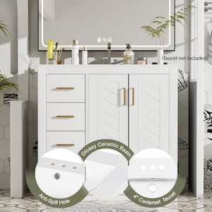 English Elm 36'' Bathroom Vanity with Ceramic Sink Combo, Solid Wood Frame, Soft-Close Drawers and Stylish Retro Groove Design White N710P291684K