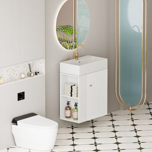 English Elm 21.6" Floating Wall Vanity Ceramic Sink Soft-close Cabinet Open Shelf Bathroom W1920S00195