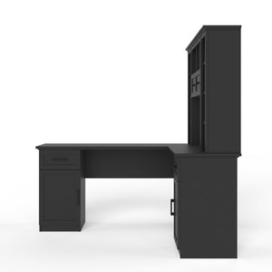English Elm L-shaped Home Office Desk with Open Shelves Flip Shelf Cabinets and Drawer Storage Black W1580S00493