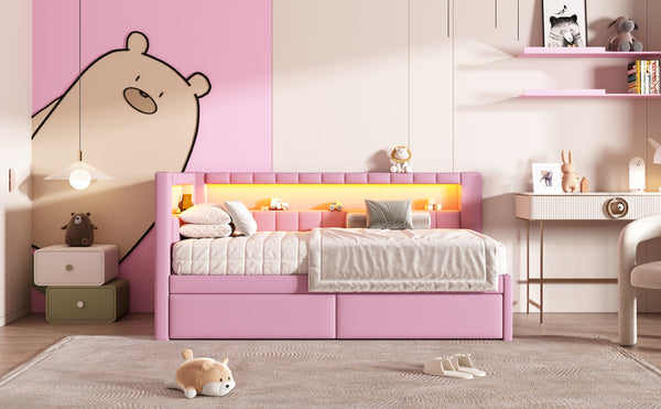 English Elm Upholstered Twin Platform Bed with USB Ports, LED Light Belt, Linen Backrest & 2 Storage Drawers Pink DL001926AAH