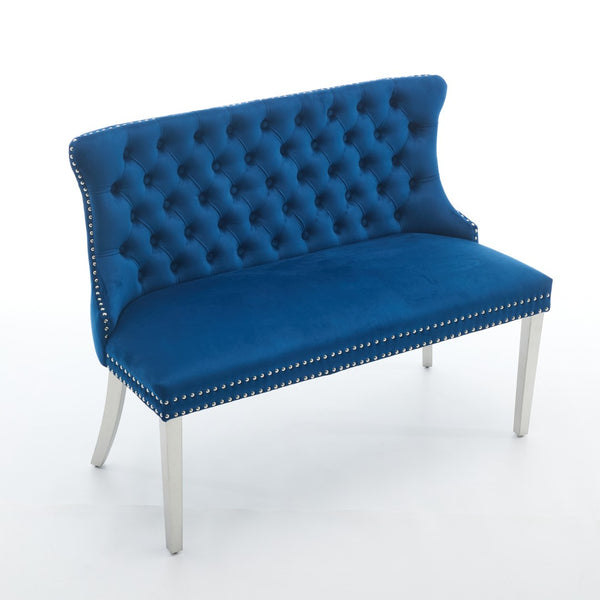 English Elm Velvet Wingback Dining Bench Tufted Two Seat Mid Century Modern Brushed Steel Base Blue W1143P406981