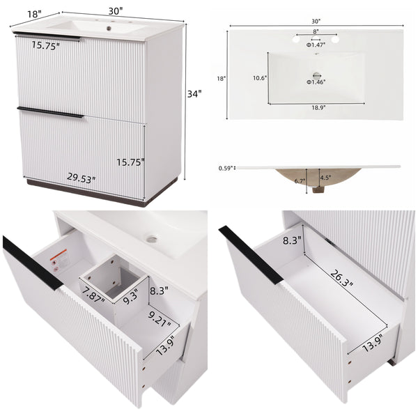 English Elm Christopher Knight Home® - 30" Elegant Bathroom Vanity With Fluted Design, Ceramic Sink, Full-Extension Drawers & Soft-Close Slides N817P295760W
