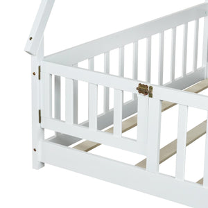 English Elm Full Size Tent-Shaped Floor Bed In White - Rubberwood Frame With Guardrails, Slats & Cozy Door W504P345787