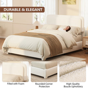 English Elm Boucle Cloud Upholstered Full Platform Bed with Adjustable Curved Headboard in White N733P439489K