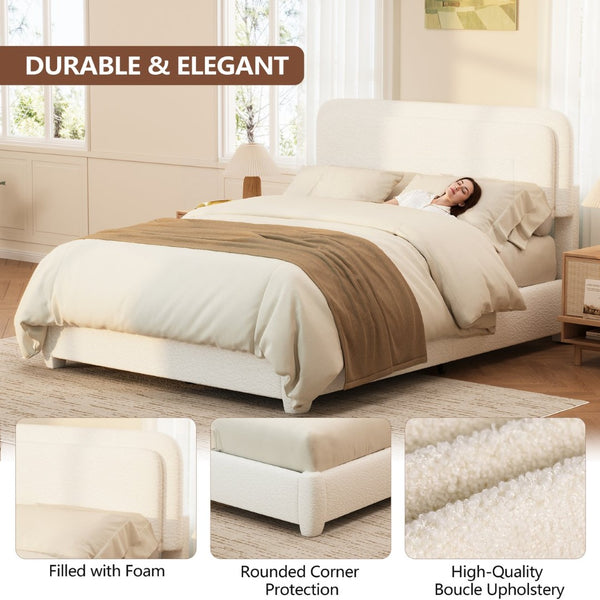 English Elm Boucle Cloud Upholstered Full Platform Bed with Adjustable Curved Headboard in White N733P439489K