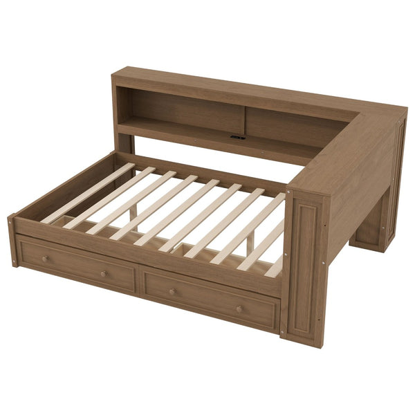 English Elm Full Pine Platform Daybed with Led Lighting Usb Charging Headboard Shelf and Drawers Wood N7090004032D