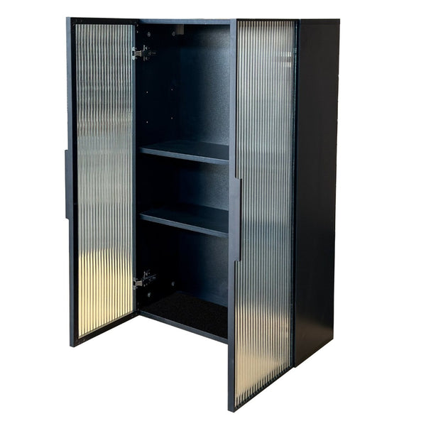 English Elm Wall Mounted Glass Door Cabinet Black Metal Frame Modern Storage for Bath or Kitchen W331P382347