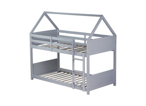 English Elm Twin House-Style Floor Bunk Bed With Safety Guardrails, Durable Rubberwood, And Fun Grey Finish W504P314947-GIGA