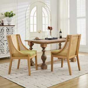 English Elm Rattan Solid Wood Dining Chair with Linen Seat and Decorative Armrests, Rustic Faux Rattan Elegance for Home Olive Green W1143P335054