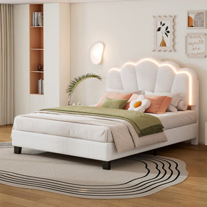 English Elm Full Size Upholstered Flower-Shape Bed, Elegant Flowers Headboard With Led Light Strip, Sherpa Fabric Platform Bed With Wooden Slats Support, White