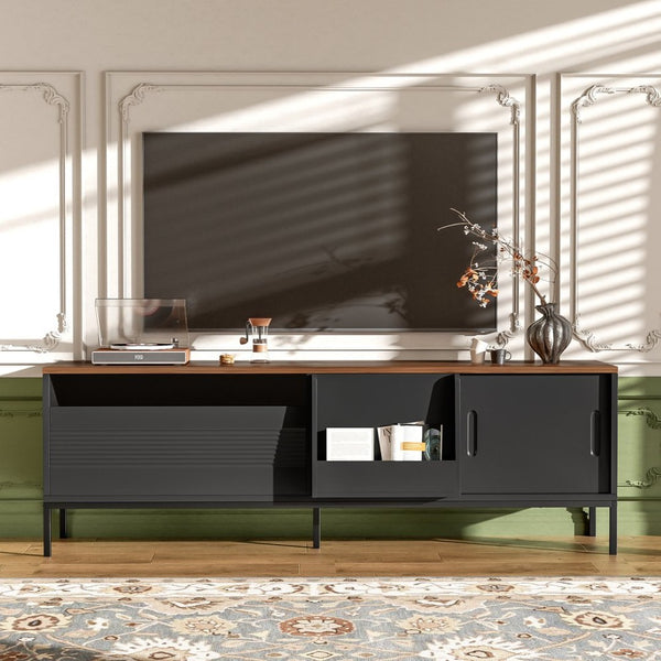 English Elm U-can Mid Century Walnut Media Console with Sliding Doors and Metal Frame for Living Rooms Black N724P360370B