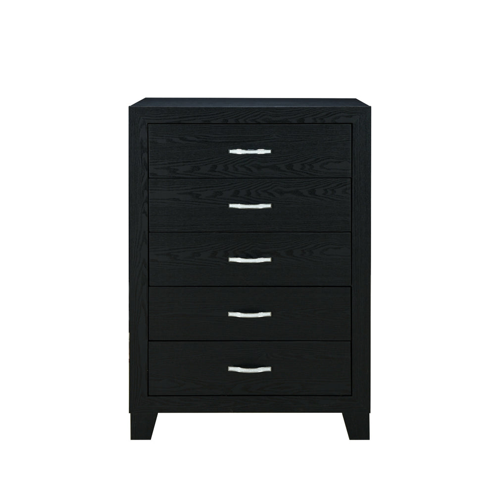 English Elm CARLOS Black Chest with 5 Drawers, Solid Wood & MDF, Glam Hardware, Sleek Black Finish for Chic Storage B201P215910