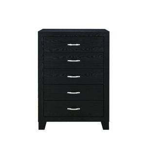English Elm CARLOS Black Chest with 5 Drawers, Solid Wood & MDF, Glam Hardware, Sleek Black Finish for Chic Storage B201P215910