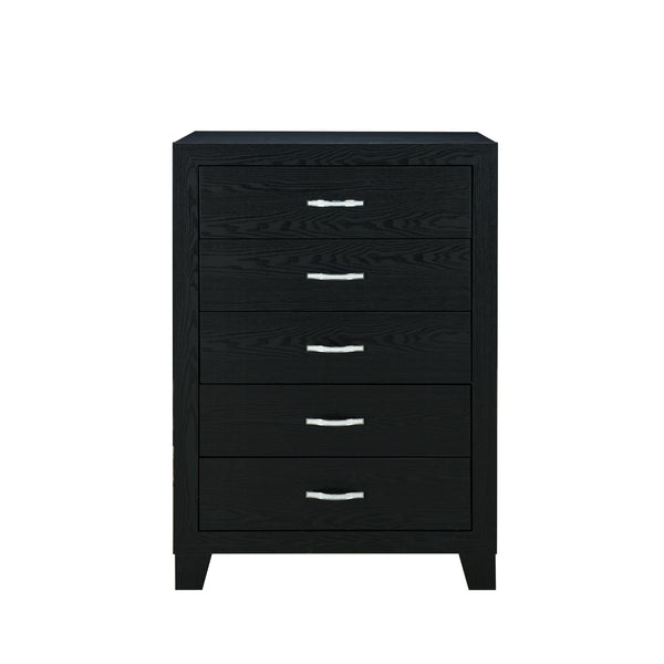 English Elm CARLOS Black Chest with 5 Drawers, Solid Wood & MDF, Glam Hardware, Sleek Black Finish for Chic Storage B201P215910
