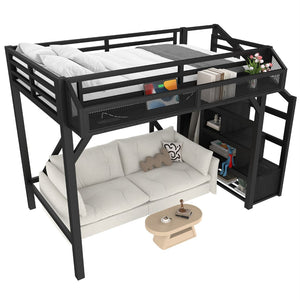 English Elm Twin Metal Loft Bed with Wardrobe Storage Stairs Led Lighting and Usb Ports W1580S00405