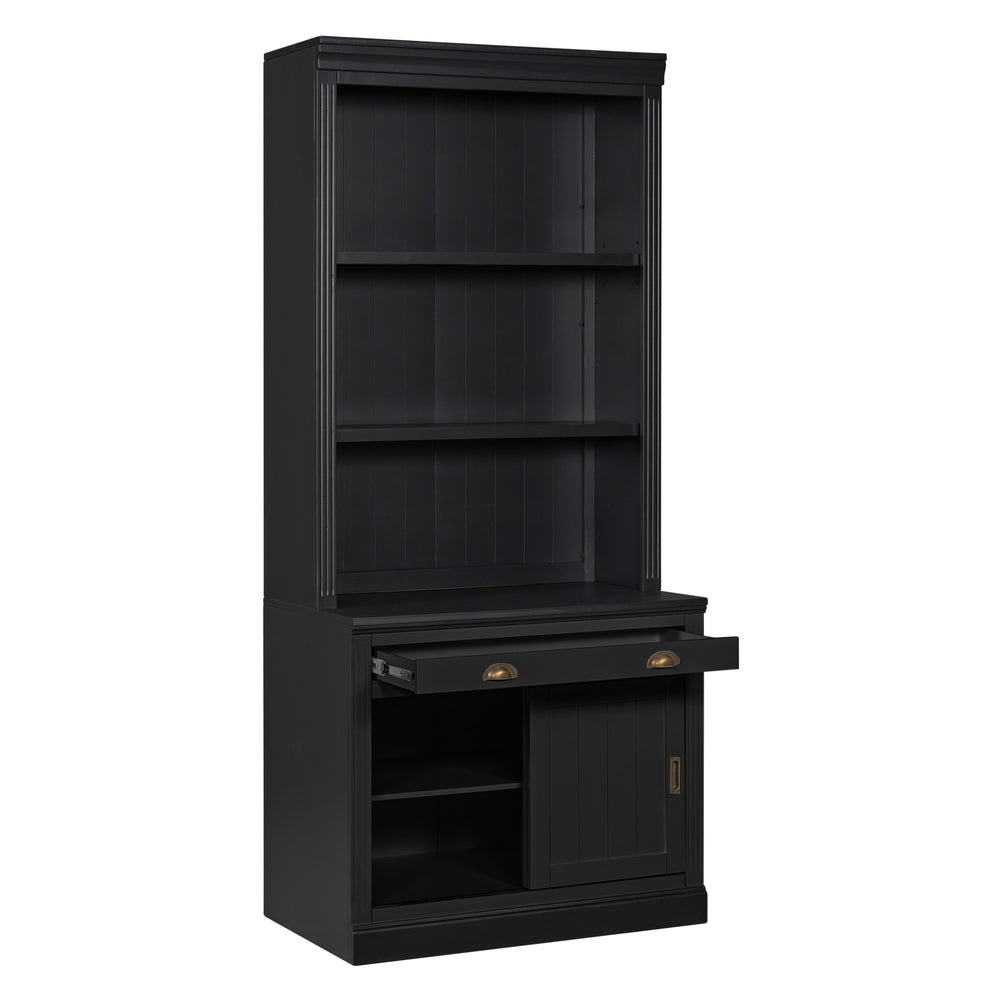 English Elm 83.4"Tall Modern Bookshelf With Sliding Doors, Adjustable Open Shelves For Home Office & Living Room N751S323420B
