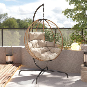 English Elm Christopher Knight Home® - Sora Beige-Brown Wicker Hanging Chair with Stand — Durable PE Rattan, Iron Frame, Plush Fade-Resist Cushion N775P225487B