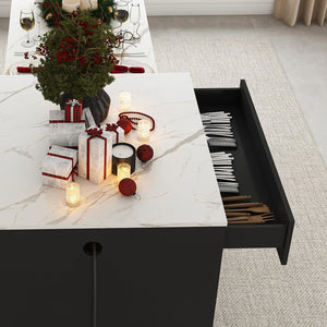 English Elm 80-inch Expandable Kitchen Island with Charging Station, Solid Wood-Grain Top, Mobile Storage Cart Black W2700S00075