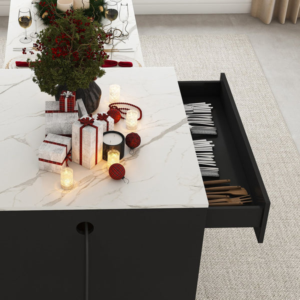 English Elm 80-inch Expandable Kitchen Island with Charging Station, Solid Wood-Grain Top, Mobile Storage Cart Black W2700S00075