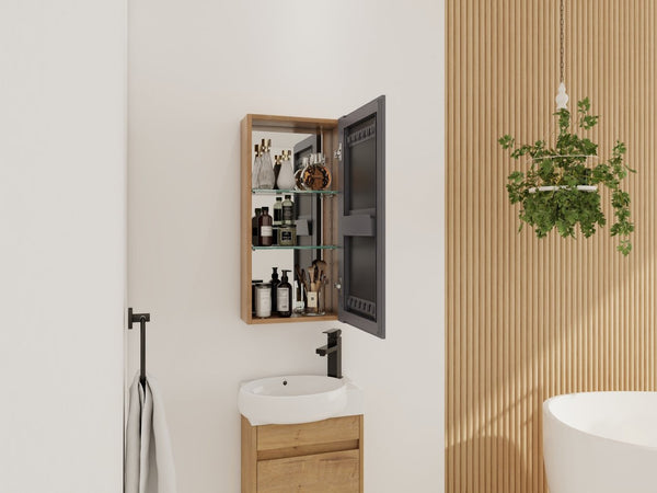 English Elm 14'' Wall Mounted Bathroom Medicine Cabinet with Adjustable Glass Shelves and Mirror Door W999P470285