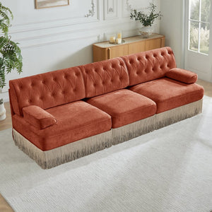English Elm 3-seater Velvet Tufted Sofa with Tassel Fringe Skirt French Luxe Living Room Seating Red+Brown W714S01722