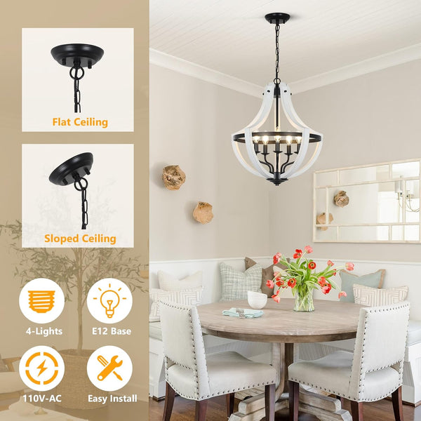English Elm 5-Light Farmhouse Chandelier Vintage Geometric Wooden Frame Metal Fixture for Dining Room Foyer White W2738P242329