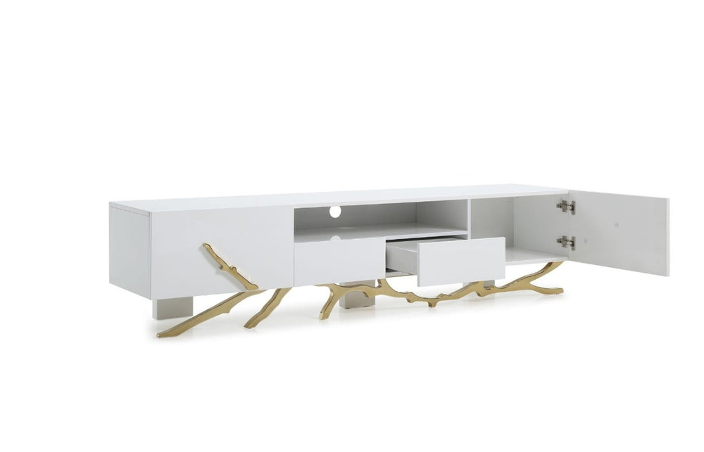 VIG Furniture Legend 87" Modern White High-Gloss Tv Stand With Champagne Gold Branch Accents, Cable Management & Storage VGVC-TV8111-L