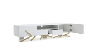 VIG Furniture Legend 87" Modern White High-Gloss Tv Stand With Champagne Gold Branch Accents, Cable Management & Storage VGVC-TV8111-L