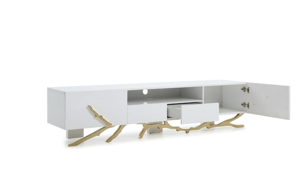 VIG Furniture Legend 87" Modern White High-Gloss Tv Stand With Champagne Gold Branch Accents, Cable Management & Storage VGVC-TV8111-L