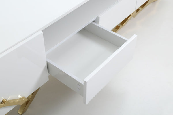 VIG Furniture Legend 87" Modern White High-Gloss Tv Stand With Champagne Gold Branch Accents, Cable Management & Storage VGVC-TV8111-L