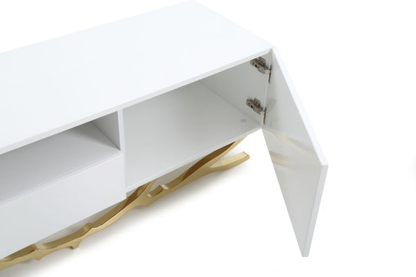 VIG Furniture Legend 87" Modern White High-Gloss Tv Stand With Champagne Gold Branch Accents, Cable Management & Storage VGVC-TV8111-L