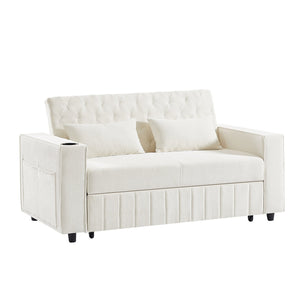 English Elm 61.4" Pull-out Sofa Bed Loveseat with Adjustable 3-Position Backrest, USB Ports, Cup Holders, Storage Rack Beige N719S001900A