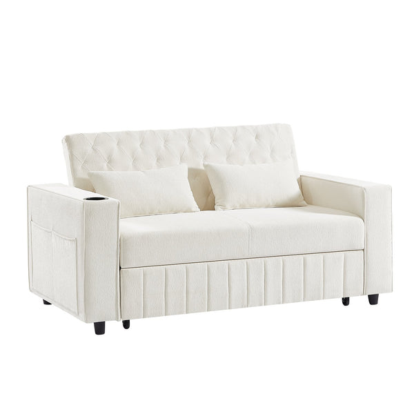 English Elm 61.4" Pull-out Sofa Bed Loveseat with Adjustable 3-Position Backrest, USB Ports, Cup Holders, Storage Rack Beige N719S001900A