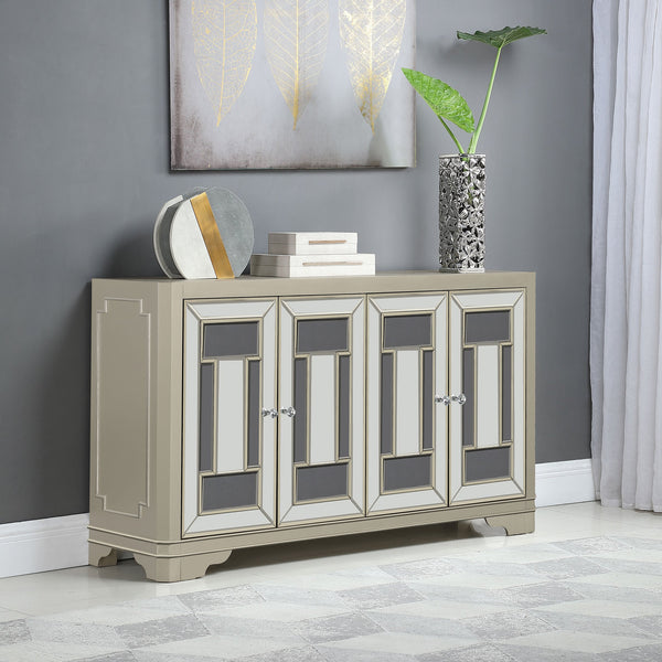 English Elm Adriane Glam Champagne 4-Door Accent Cabinet with Smoked Mirror, Silver Trim & Crystal Knobs B062P353473