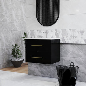 English Elm 24-Inch Wall-Mounted Bathroom Vanity With Ceramic Sink, Gold Handles & Double Drawers For Small Spaces W3151S00036