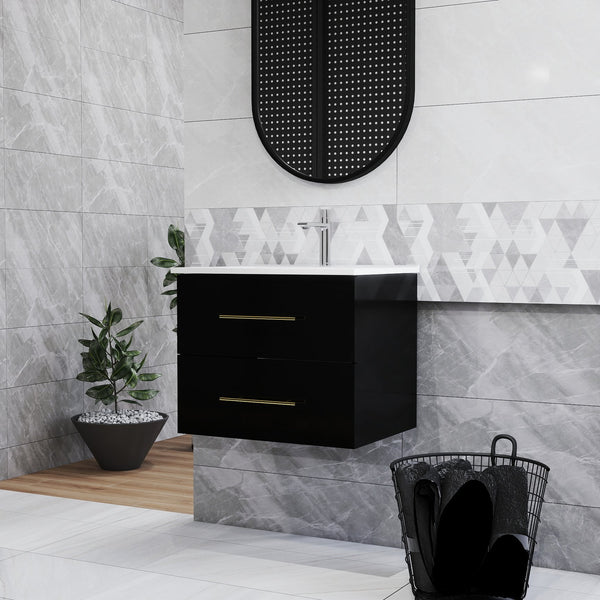 English Elm 24-Inch Wall-Mounted Bathroom Vanity With Ceramic Sink, Gold Handles & Double Drawers For Small Spaces W3151S00036