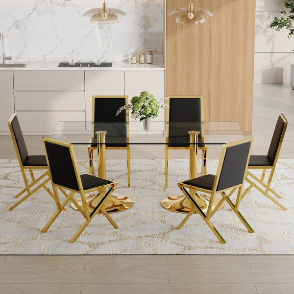 English Elm Table Set Oval Tempered Glass Top Gold Column Base with Eight Pu Leather Dining Chairs Black+Gold,Transparent W1151S04770