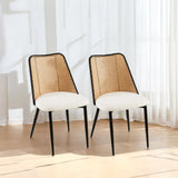 White Rattan Dining Chairs Set of 2, Boucle Chairs with Cane Back, Upholstered Kitchen Chair for Dining and Living Room