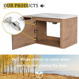 English Elm 40'' Wall-Mounted Vanity with White Ceramic Sink, Plywood Shelves, Soft-Close Door, Scratch-Resistant Finish W999S00380
