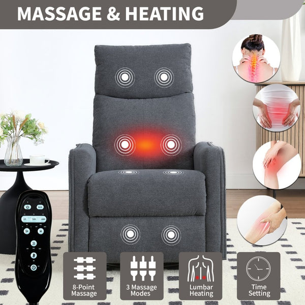 English Elm Heat Massage Rocker Recliner with Swivel Base and Vibrating Nodes for Living Room Grey W1803P251887