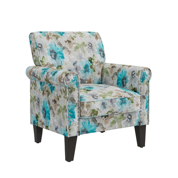 English Elm Barnet Floral Accent Armchair with Pewter Nailhead Trim and Tapered Wood Legs B127P495064