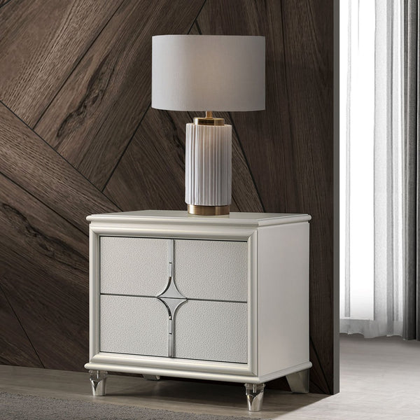 English Elm Gwendolyn Pearl White Nightstand with 2 Drawers, Deco-Inspired Wood Bedside Table with Acrylic Legs and Cord Management B062P375501