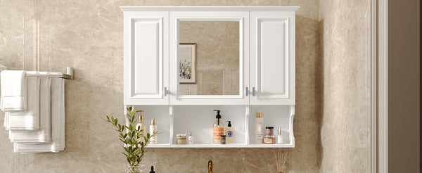 English Elm 35'' Modern Wall-Mounted Medicine Cabinet with Mirror, Hidden Storage and Open Shelves for Bath White N710P209443K