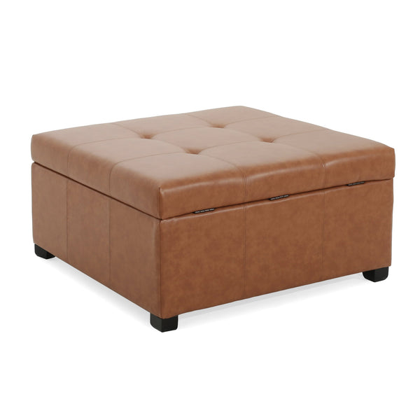 English Elm Christopher Knight Home® - CARLSBAD Tufted Faux Leather Storage Ottoman with Birch Legs, Cognac Brown Seating Bench 36" N757P186769T