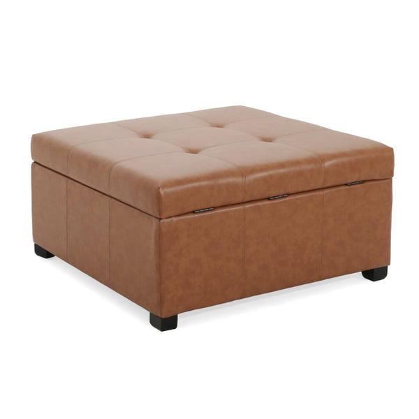 English Elm Faux Leather Waffle Tufted Storage Ottoman with Birch Legs for Living Room N757P359740T