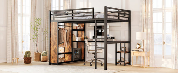 English Elm Queen Size Loft Bed Frame With Integrated Wardrobe, Desk & Storage Shelves For Space-Saving Style W1580S00178-GIGA