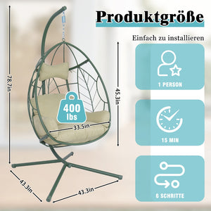 English Elm Hanging Egg Chair with Steel Stand Tufted Cushion Resort Style Patio Swing Seat T5880P492679