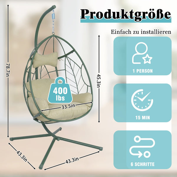 English Elm Hanging Egg Chair with Steel Stand Tufted Cushion Resort Style Patio Swing Seat T5880P492679